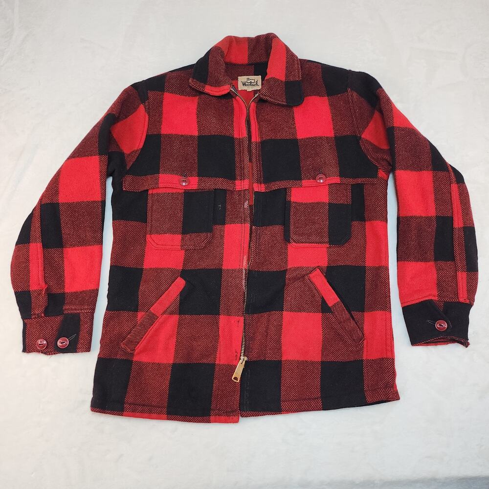 Vintage Woolrich Mackinaw Jacket 38 Small Medium Red Black Plaid Flannel Wool